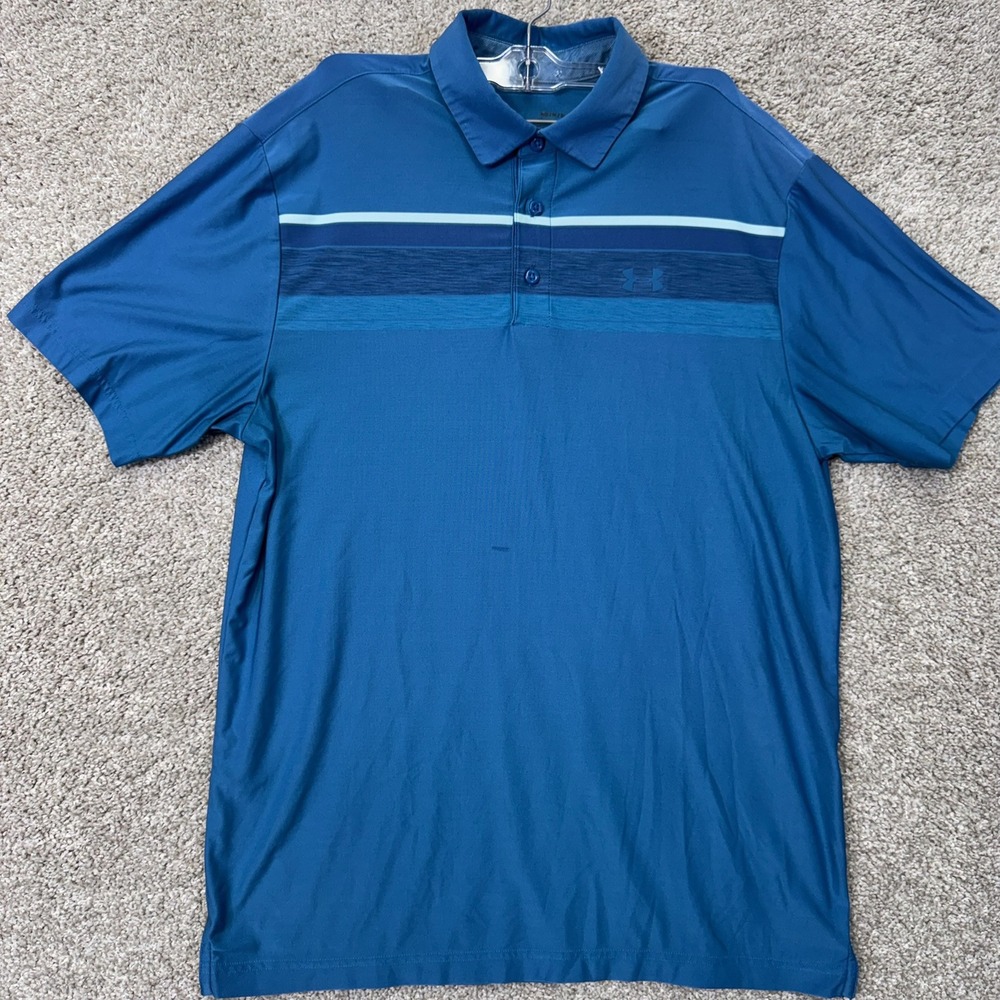 Under Armour Polo Shirt Mens Medium Performance Blue Striped Loose Fit EUC